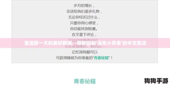 重温那一天的美好瞬间,带你回到‘当年小青春’的中文歌词 重温那一天的美好瞬间,带你回到‘当年小青春’的中文歌词