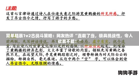 简单粗暴1v2古战斗策略：网友热评“直截了当，极具挑战性，令人欲罢不能！”